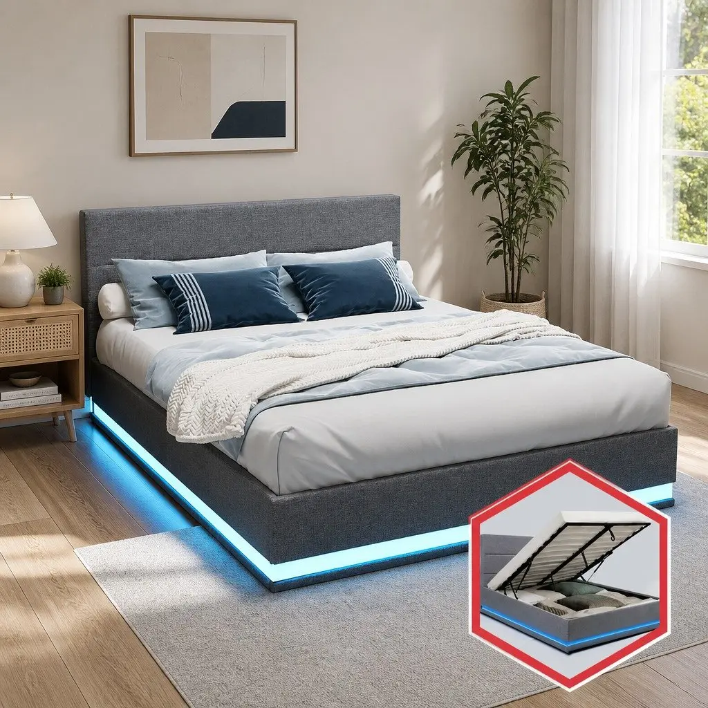 Queen Bed Frame Grey Upholstered Gas Lift Storage with LED Light