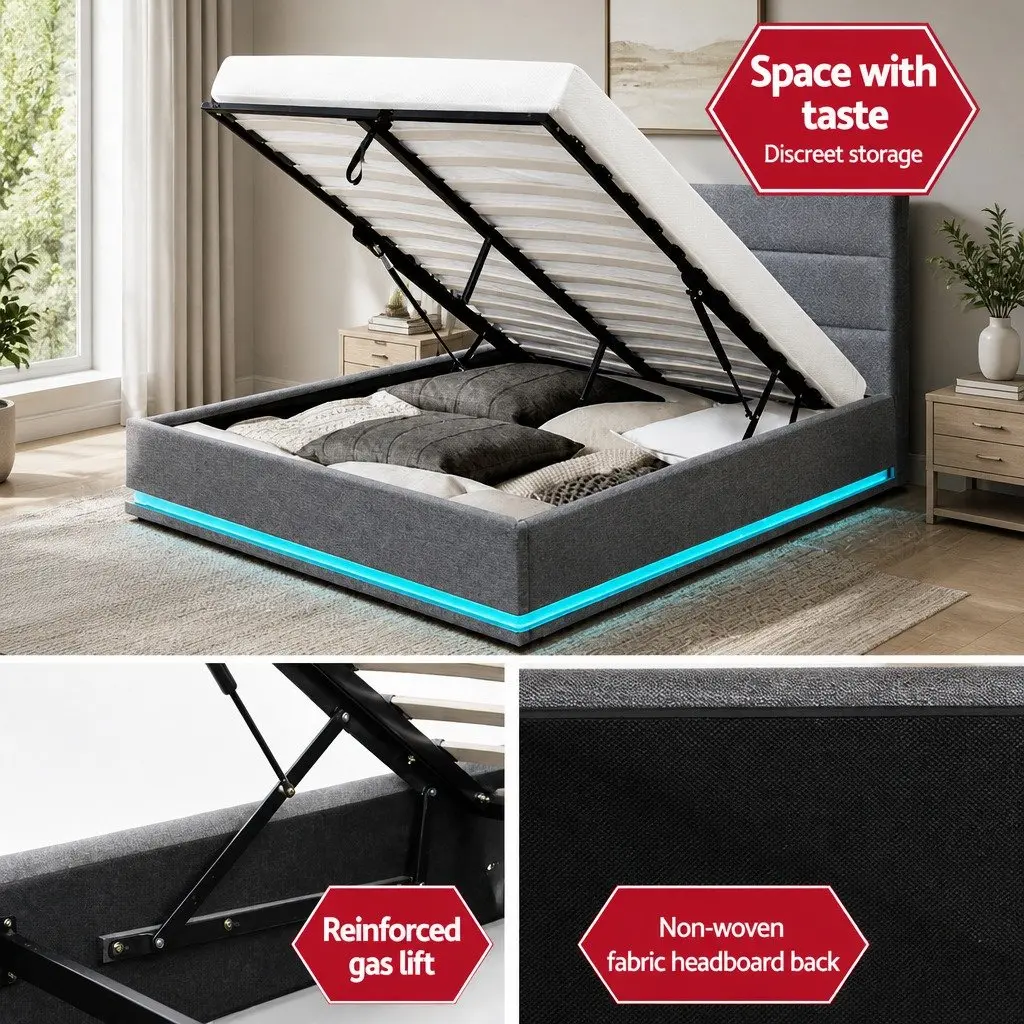 Queen Bed Frame Grey Upholstered Gas Lift Storage with LED Light