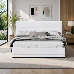 Queen Size Gas Lift Bed Frame with LED Lights Storage Bedroom Furniture White