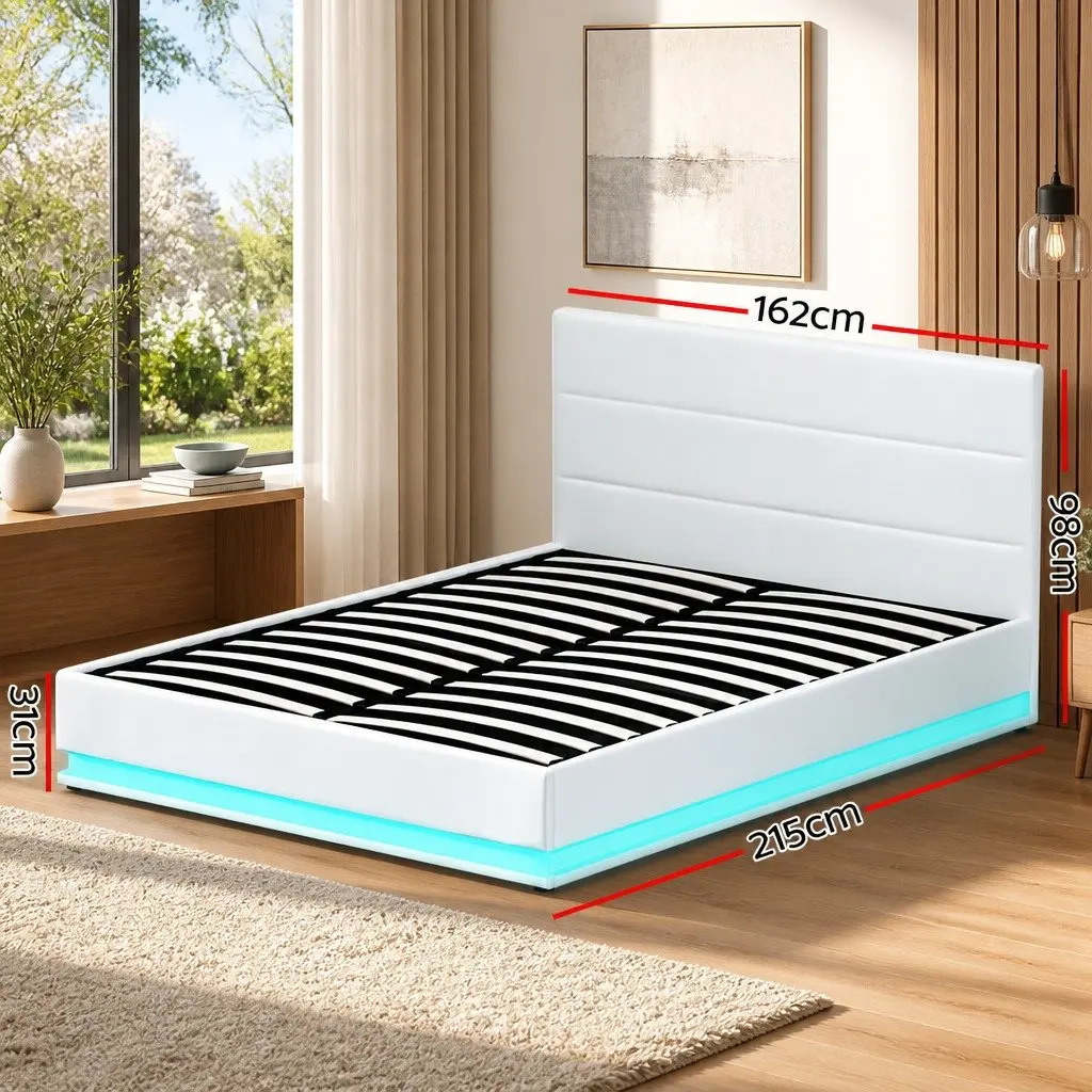 Queen Size Gas Lift Bed Frame PVC Leather White with LED Lights