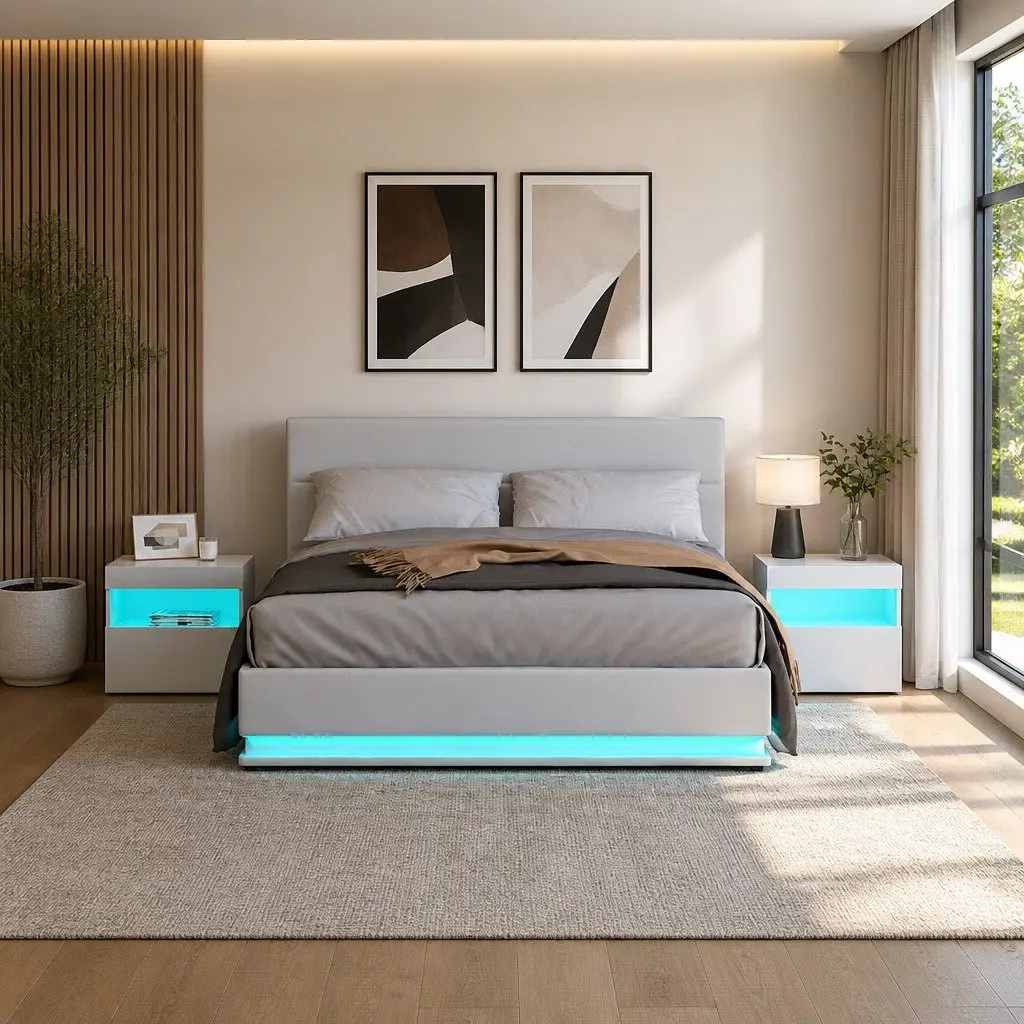 Queen Size Gas Lift Bed Frame PVC Leather White with LED Lights