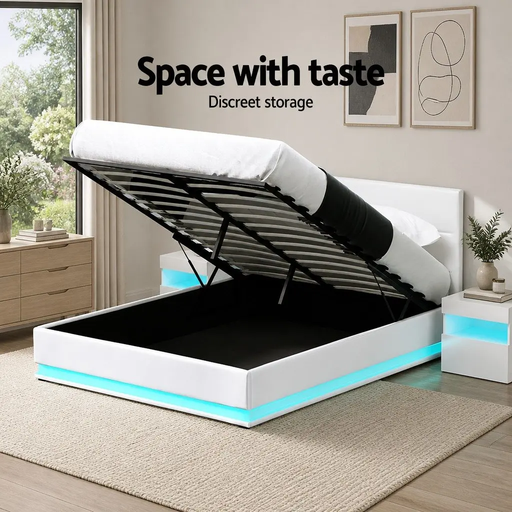Queen Size Gas Lift Bed Frame PVC Leather White with LED Lights