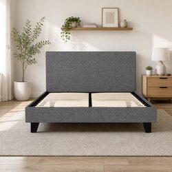 Double Bed Frame Grey Upholstered Padded Headboard Wooden Slat Base Modern