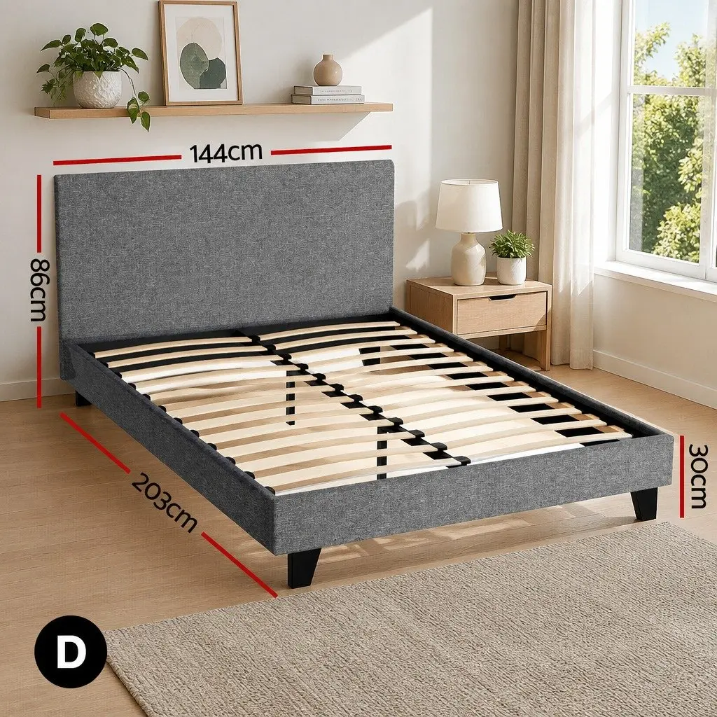 Double Bed Frame Grey Upholstered Padded Headboard Solid Wood Construction Standard Size