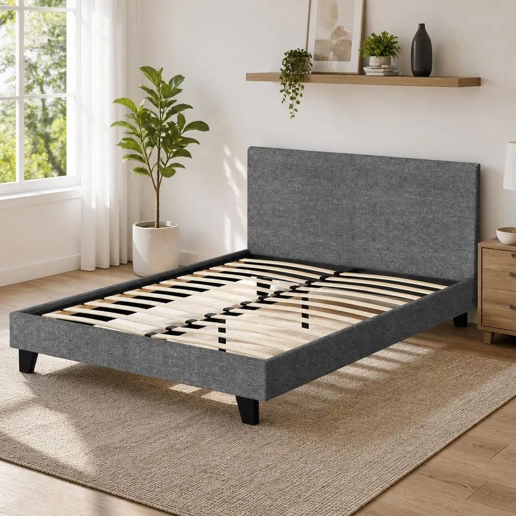 Double Bed Frame Grey Upholstered Padded Headboard Solid Wood Construction Standard Size