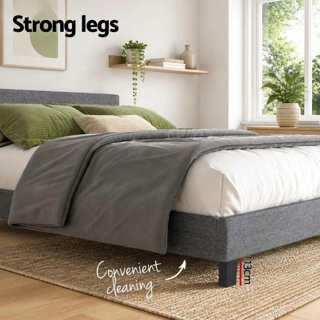 Double Bed Frame Grey Upholstered Padded Headboard Solid Wood Construction Standard Size