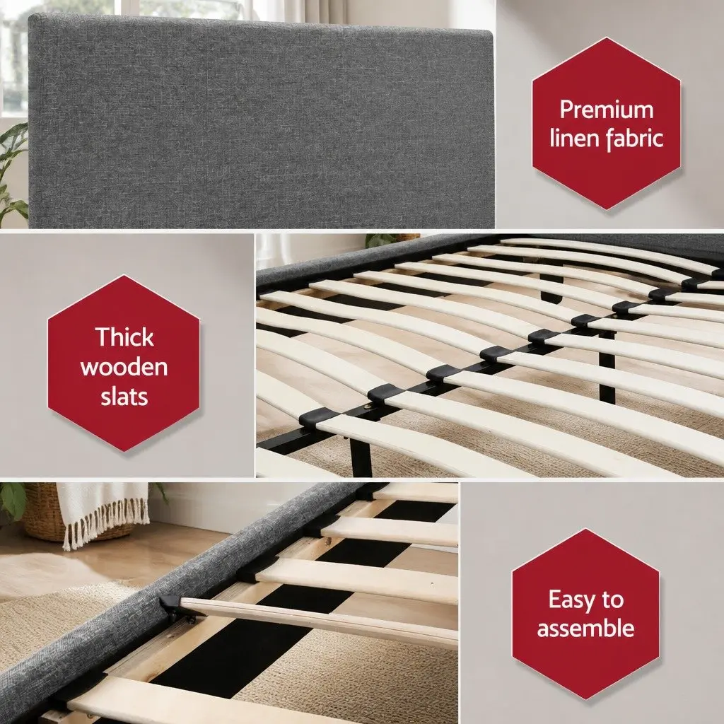 Double Bed Frame Grey Upholstered Padded Headboard Solid Wood Construction Standard Size