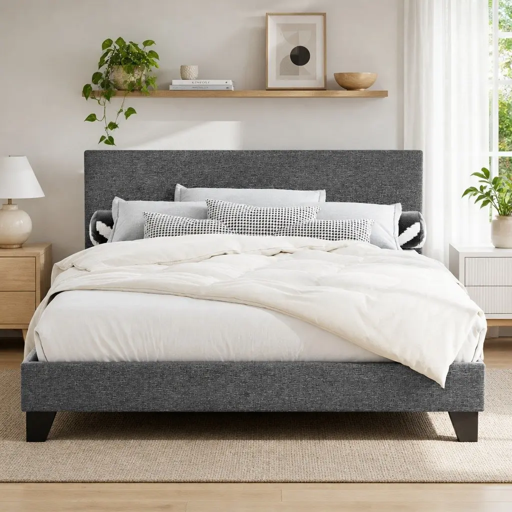 Double Bed Frame Grey Upholstered Padded Headboard Solid Wood Construction Standard Size