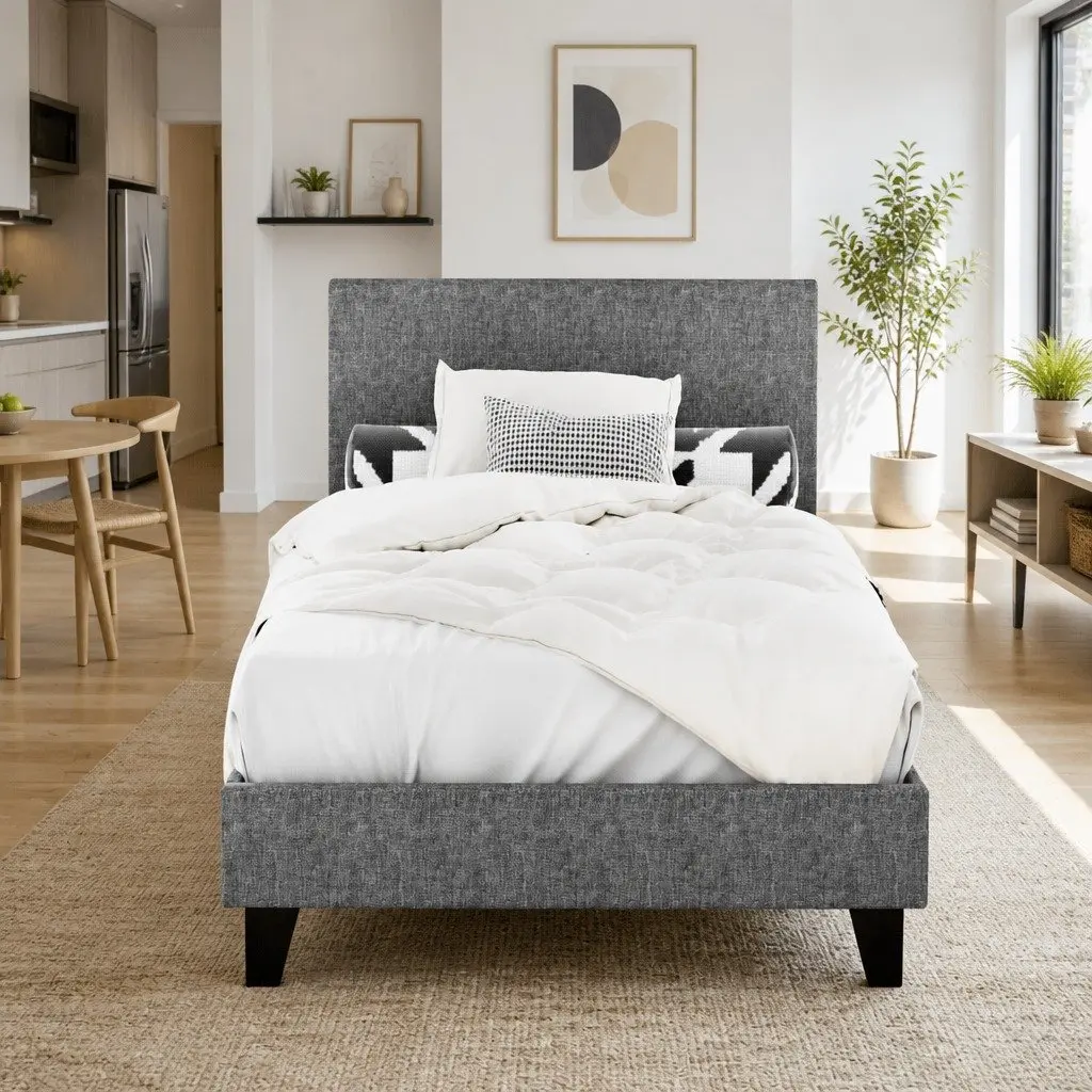 Single Bed Frame Grey Upholstered Modern Bedroom Furniture with Padded Headboard