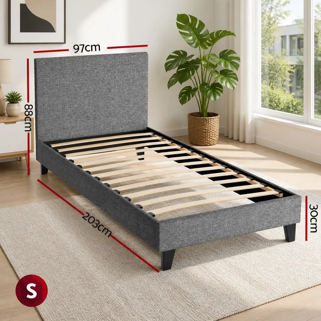 Single Bed Frame Grey Upholstered Modern Bedroom Furniture with Padded Headboard