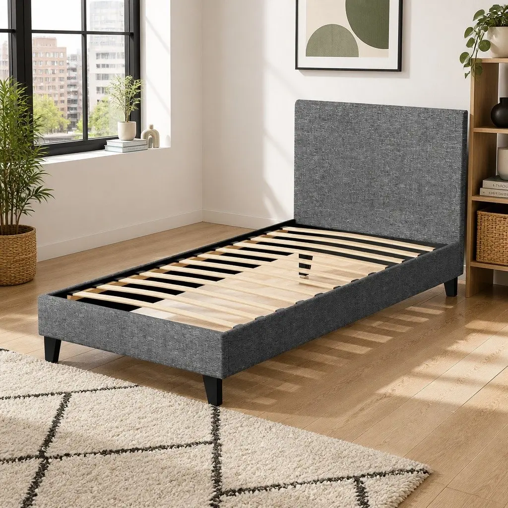 Single Bed Frame Grey Upholstered Modern Bedroom Furniture with Padded Headboard