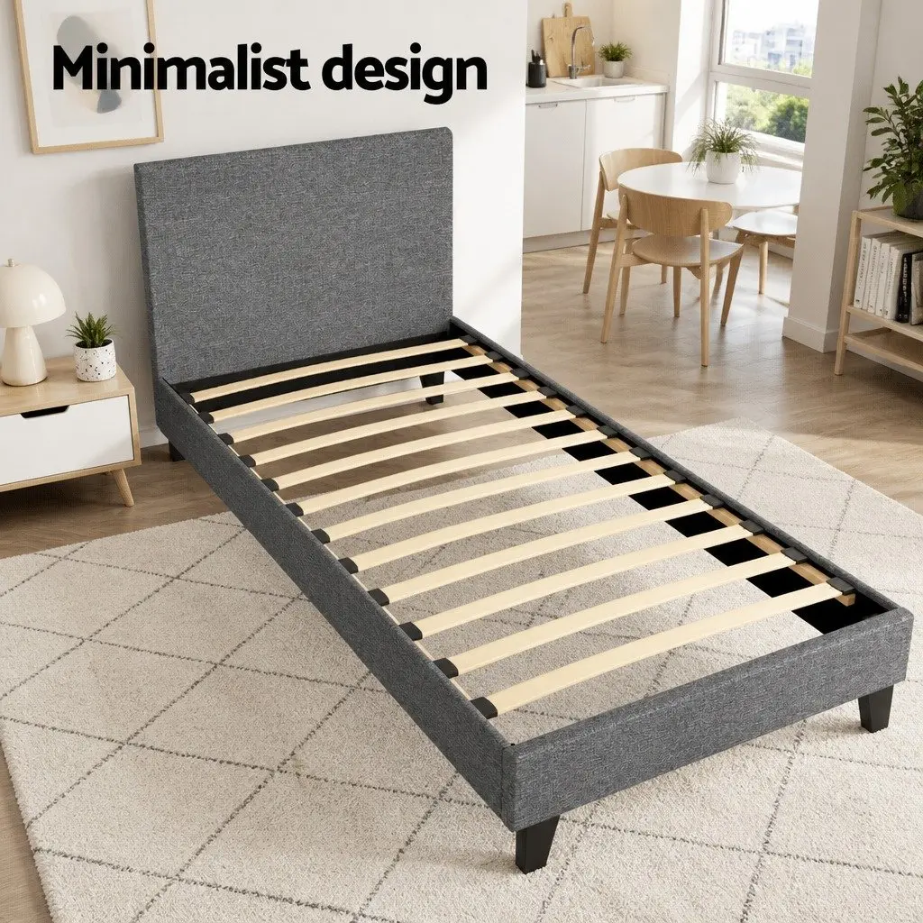Single Bed Frame Grey Upholstered Modern Bedroom Furniture with Padded Headboard
