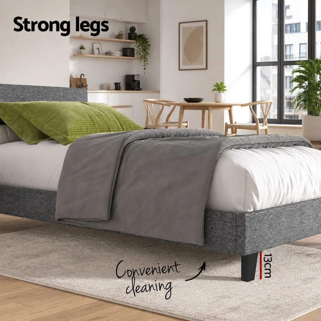 Single Bed Frame Grey Upholstered Modern Bedroom Furniture with Padded Headboard