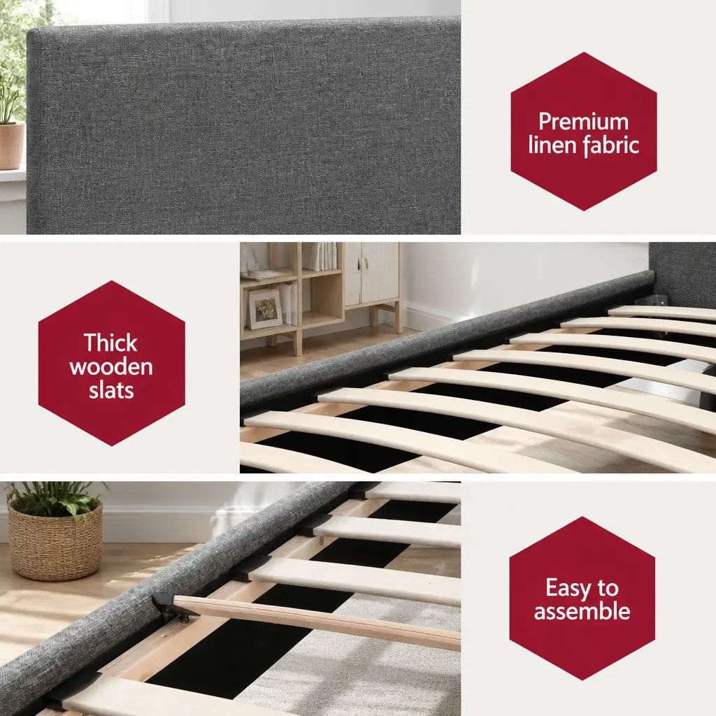 Single Bed Frame Grey Upholstered Modern Bedroom Furniture with Padded Headboard