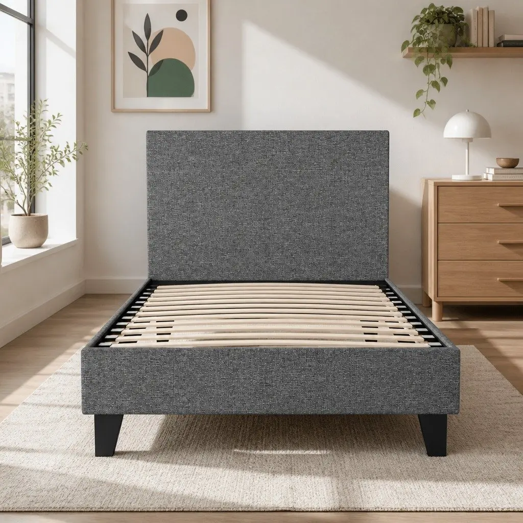 Single Bed Frame Grey Upholstered Modern Bedroom Furniture with Padded Headboard