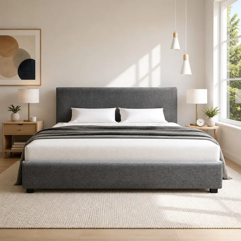Queen Size Gas Lift Bed Frame Grey Storage Padded Upholstered Headboard Platform