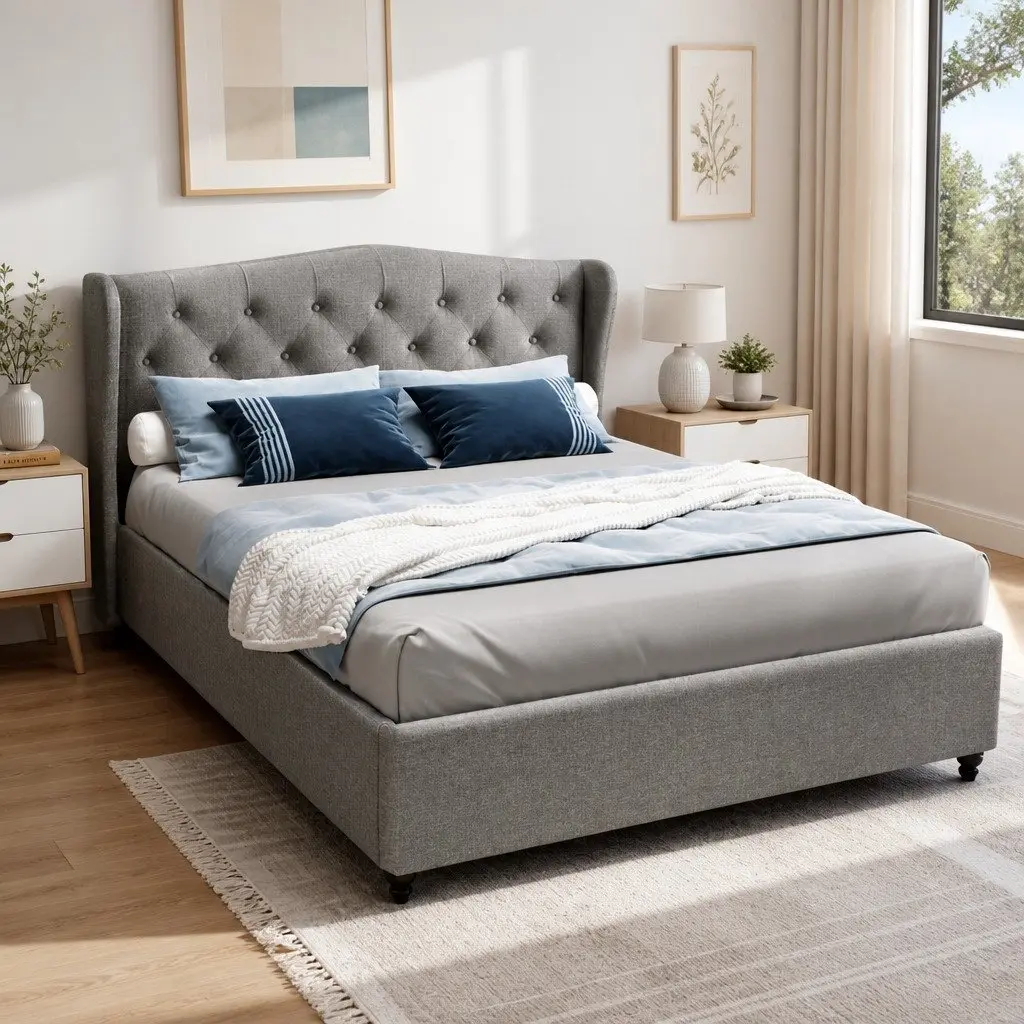 Double Bed Frame Steel Frame Upholstered Grey Padded Headboard Wooden Slat Base