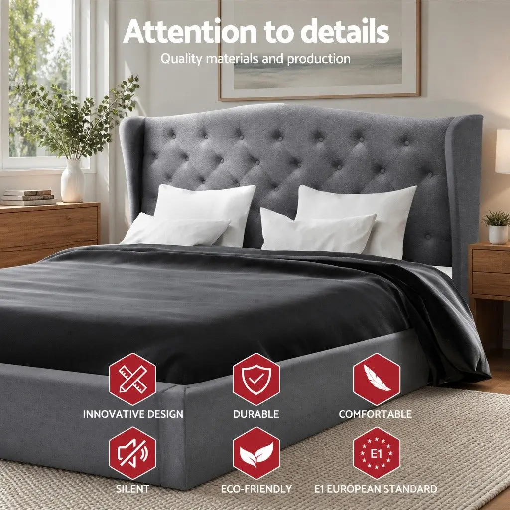 Double Bed Frame Steel Frame Upholstered Grey Padded Headboard Wooden Slat Base