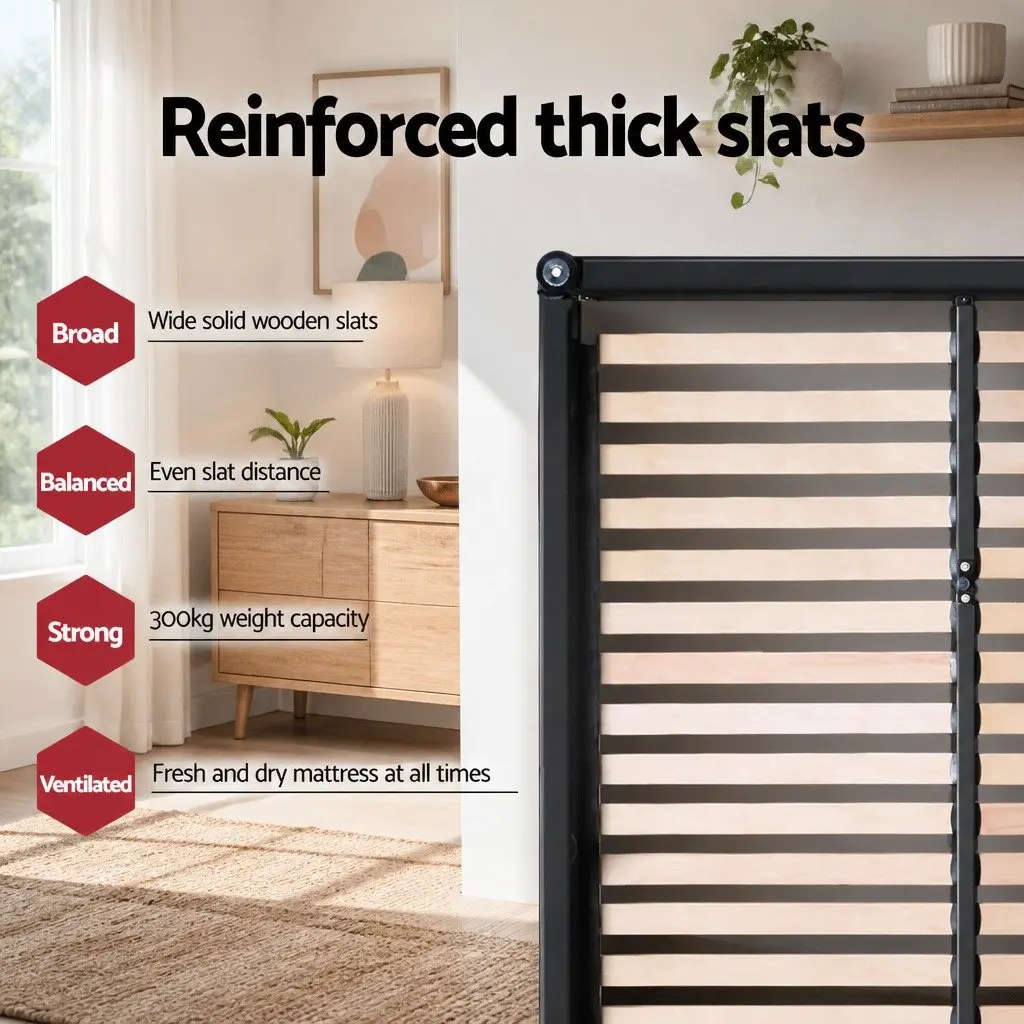 Double Bed Frame Steel Frame Upholstered Grey Padded Headboard Wooden Slat Base