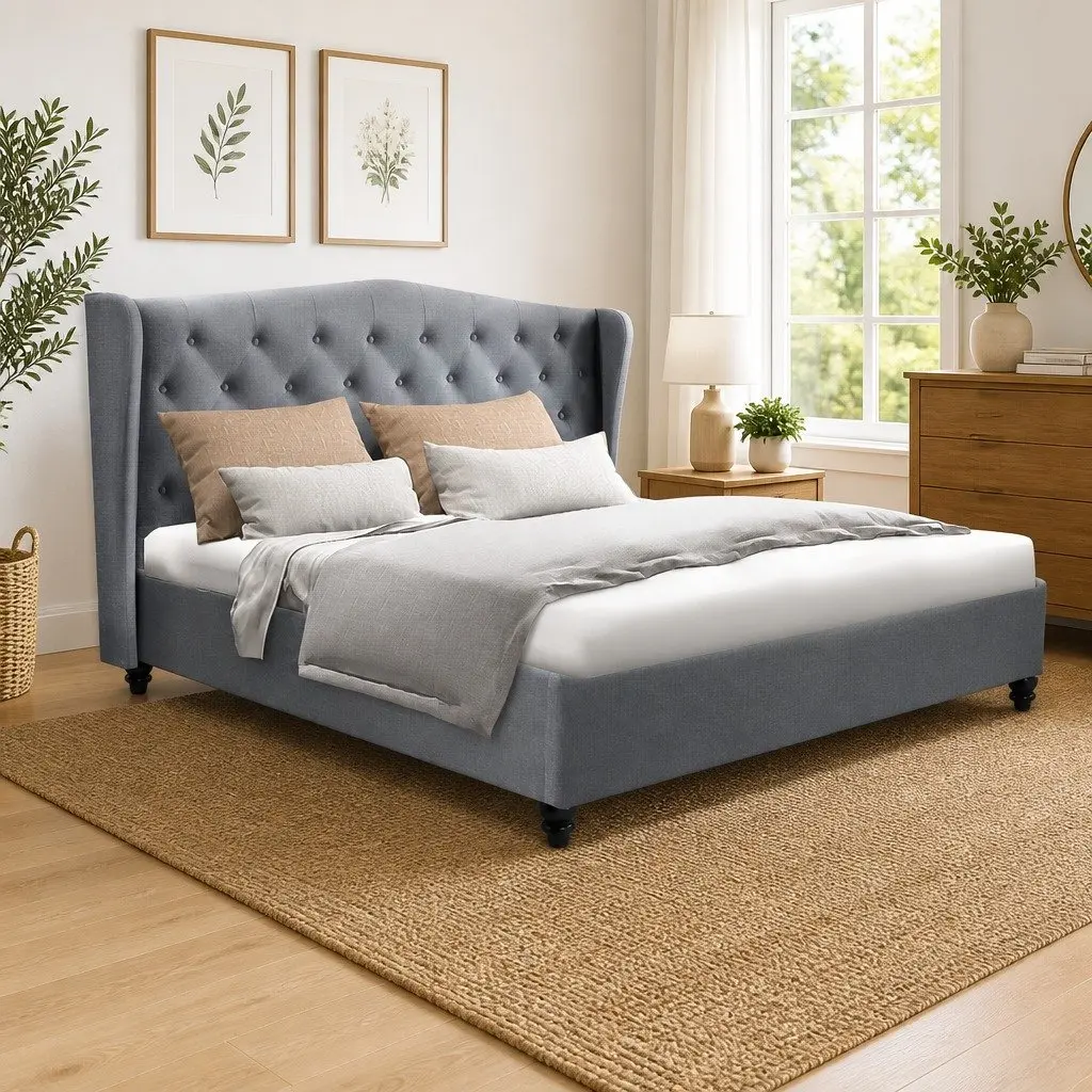 Double Bed Frame Steel Frame Upholstered Grey Padded Headboard Wooden Slat Base