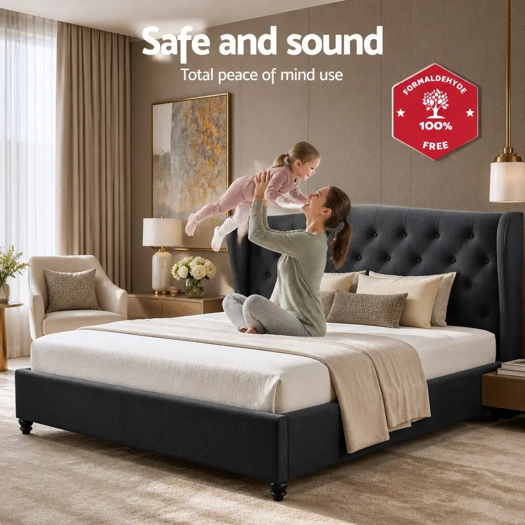 King Size Bed Frame Charcoal Non-Woven Upholstered Wing Headboard Sturdy Steel Structure