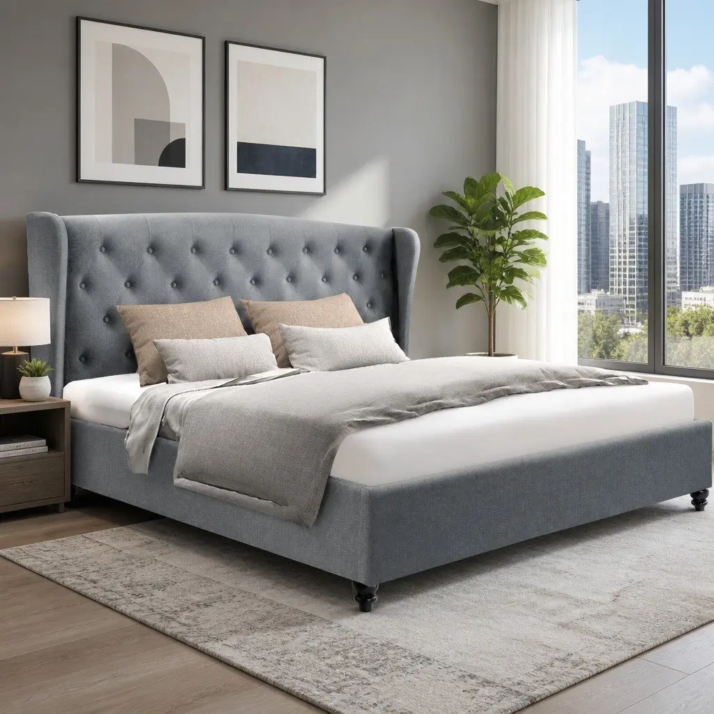 King Size Bed Frame Steel Frame Grey Upholstered Headboard Wooden Slat Base