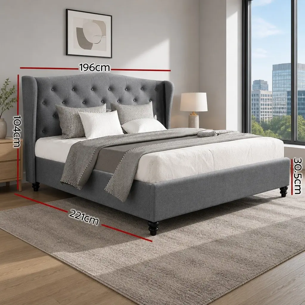 King Size Bed Frame Steel Frame Grey Upholstered Headboard Wooden Slat Base