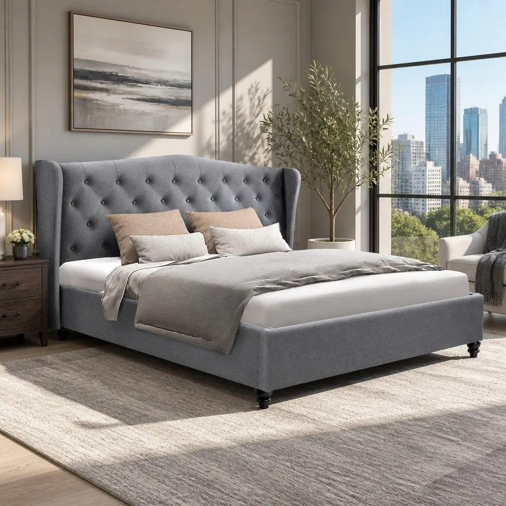 King Size Bed Frame Steel Frame Grey Upholstered Headboard Wooden Slat Base