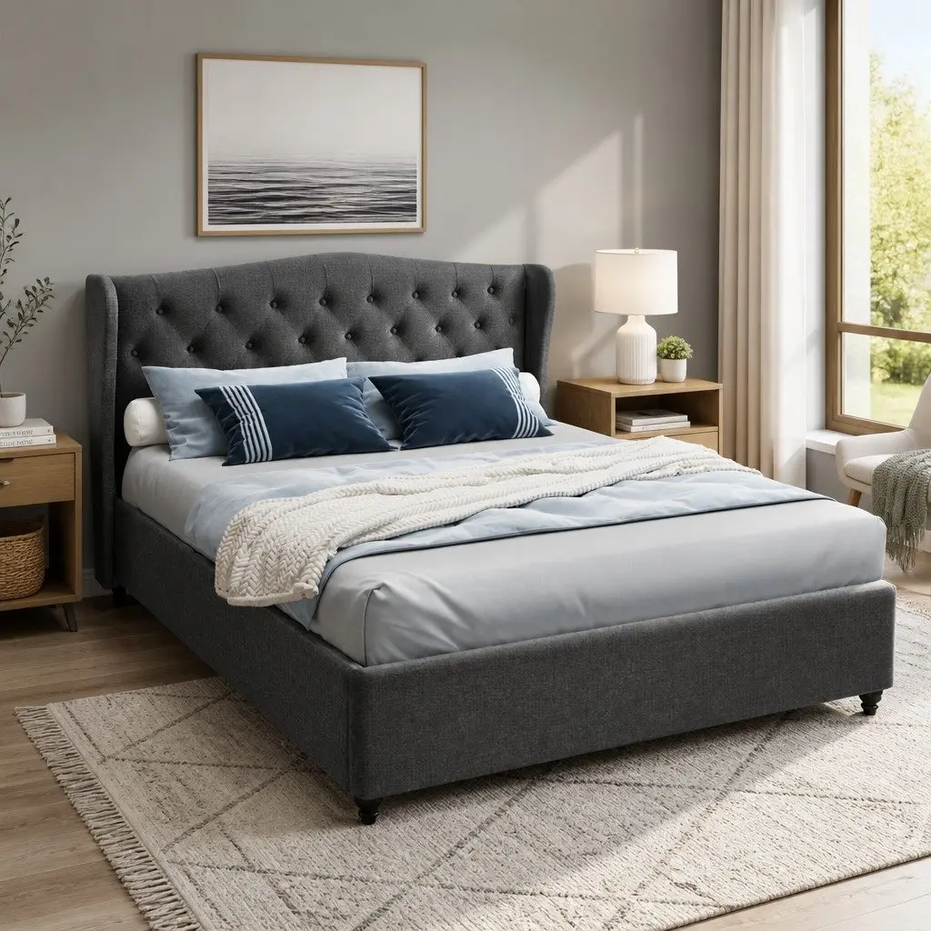 Queen Size Bed Frame Steel Frame Charcoal Upholstered Wing Headboard Wooden Slat