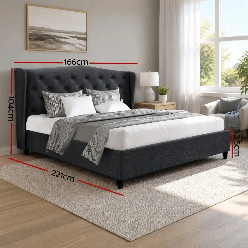 Queen Size Bed Frame Steel Frame Charcoal Upholstered Wing Headboard Wooden Slat