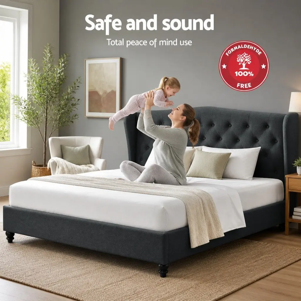 Queen Size Bed Frame Steel Frame Charcoal Upholstered Wing Headboard Wooden Slat