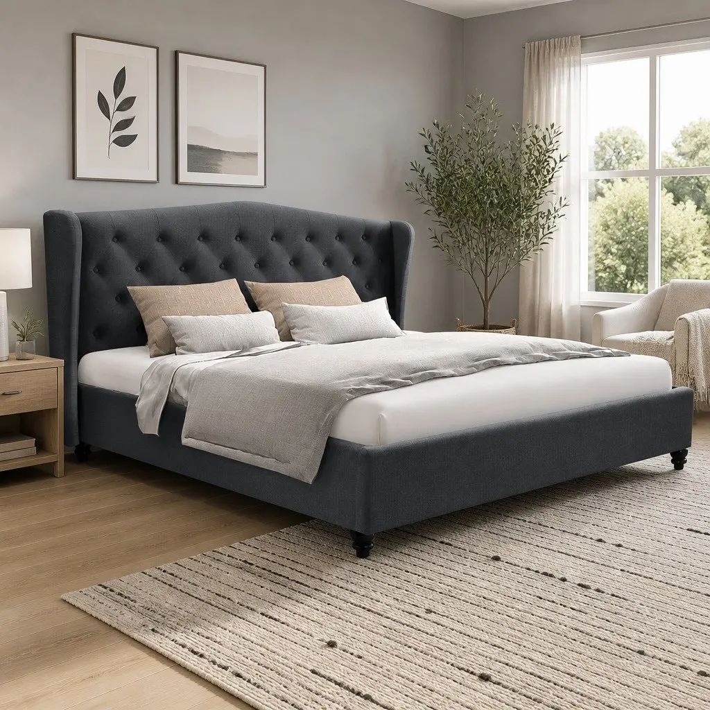 Queen Size Bed Frame Steel Frame Charcoal Upholstered Wing Headboard Wooden Slat