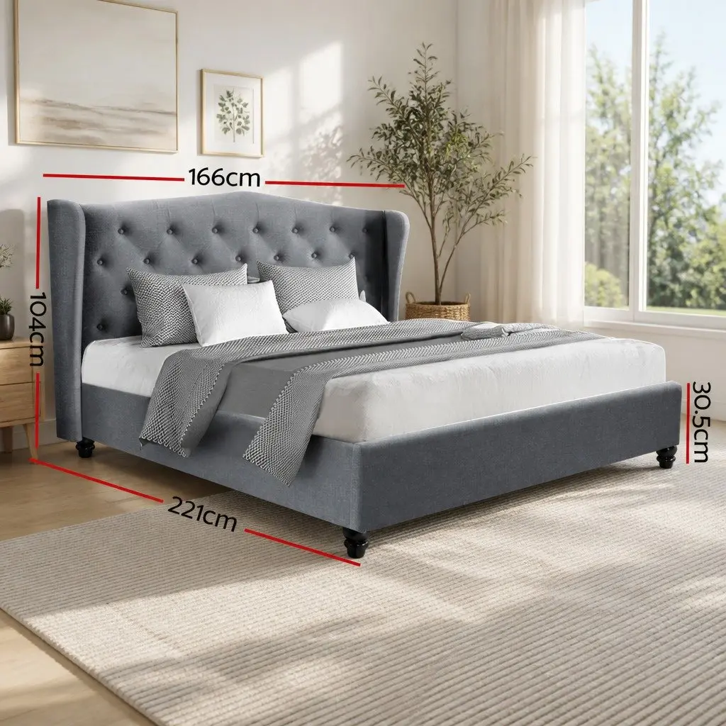 Queen Size Bed Frame Grey Upholstered Wing Headboard Tufted Padded Linen Bedroom