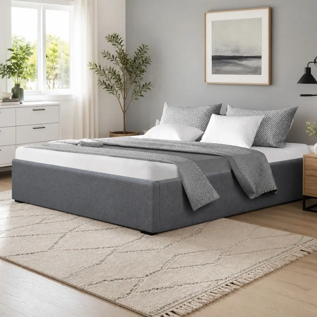 Queen Size Bed Frame Grey Wooden Slat Base Gas Lift Storage Double Bed with High Density Foam Upholstered Linen Fabric