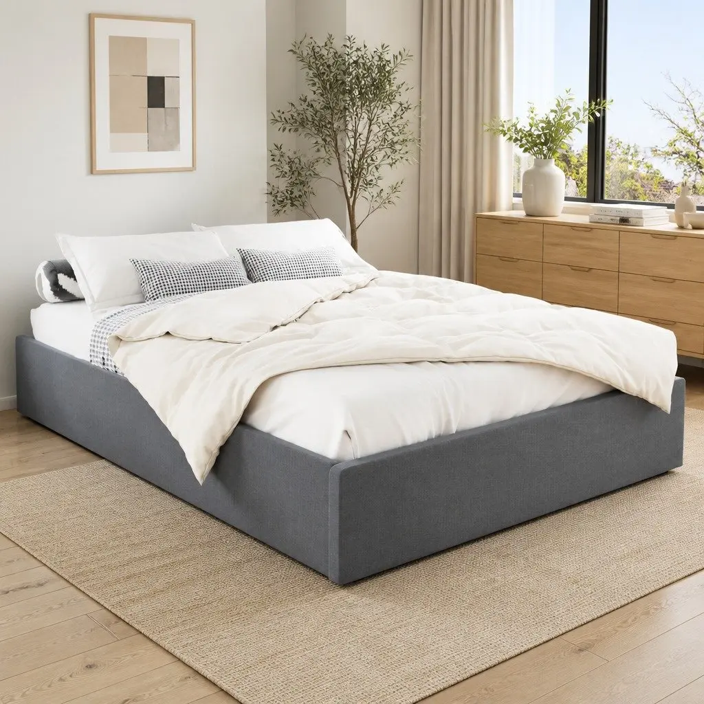 Queen Size Gas Lift Bed Frame with Storage Grey Bedroom Furniture Platform Base