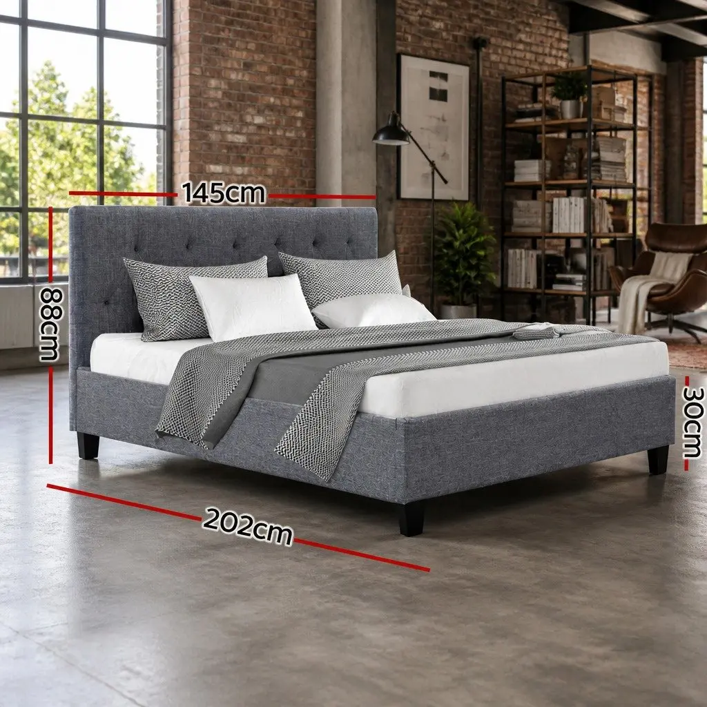 Double Bed Frame Upholstered Faux Linen Grey Solid Wooden Slats Metal Legs 204cm x 144cm x 88cm for Standard Mattress