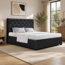 Double Size Gas Lift Bed Frame with Storage Charcoal Tufted Headboard Wooden