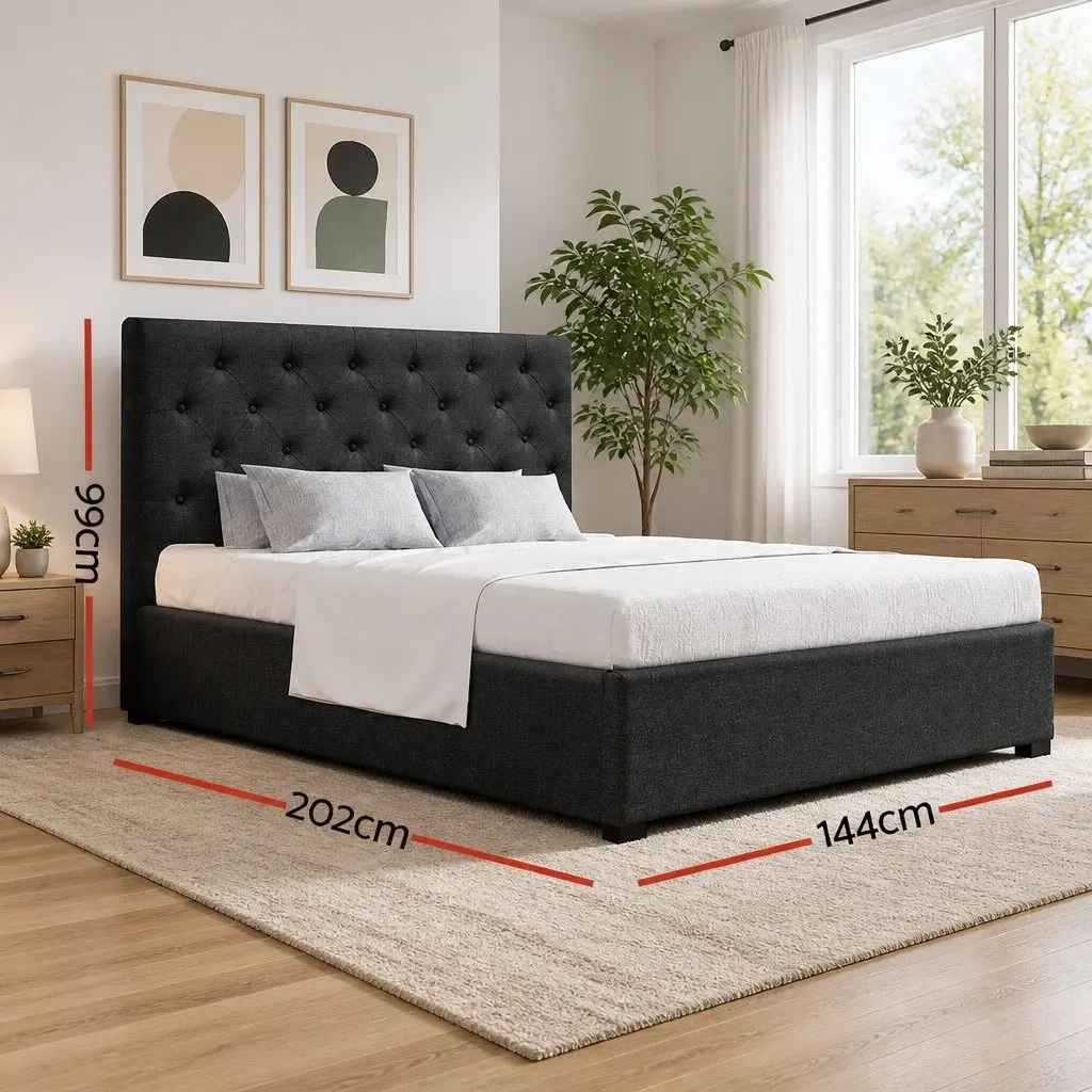 Double Gas Lift Bed Frame with Storage Wooden Charcoal Tufted Headboard