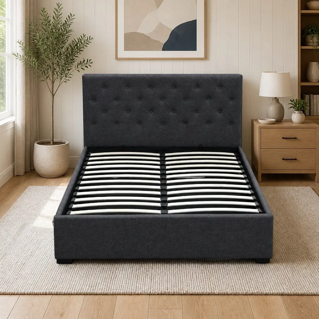 Double Gas Lift Bed Frame with Storage Wooden Charcoal Tufted Headboard