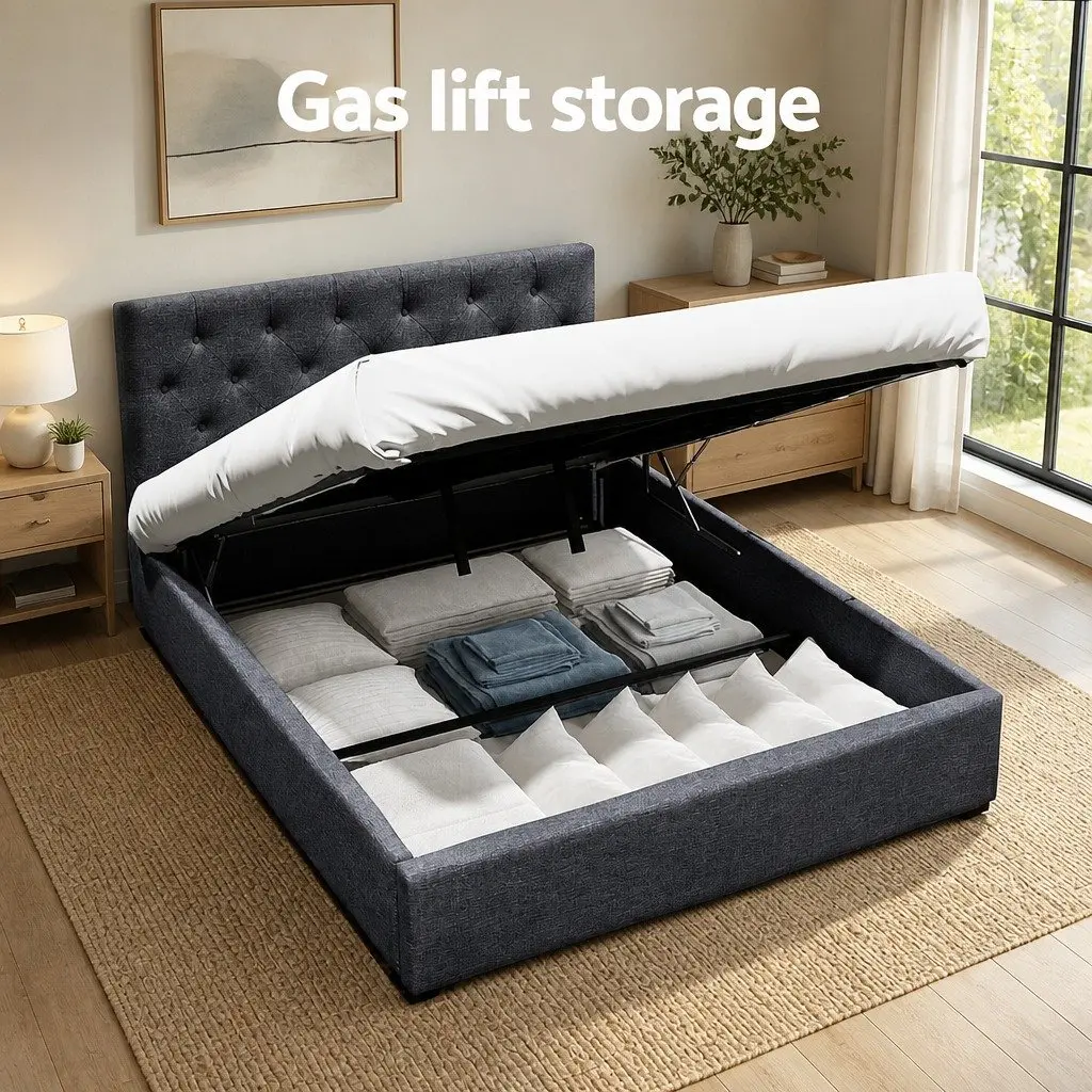 Double Gas Lift Bed Frame with Storage Wooden Charcoal Tufted Headboard