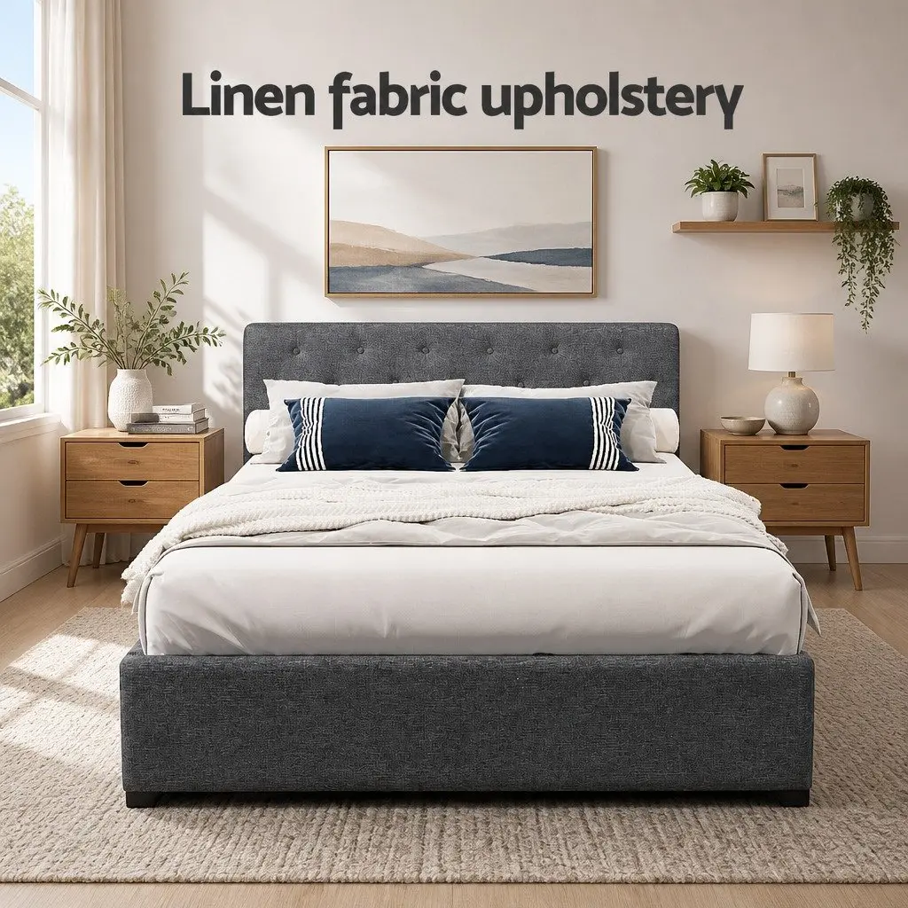 Double Gas Lift Bed Frame with Storage Wooden Charcoal Tufted Headboard
