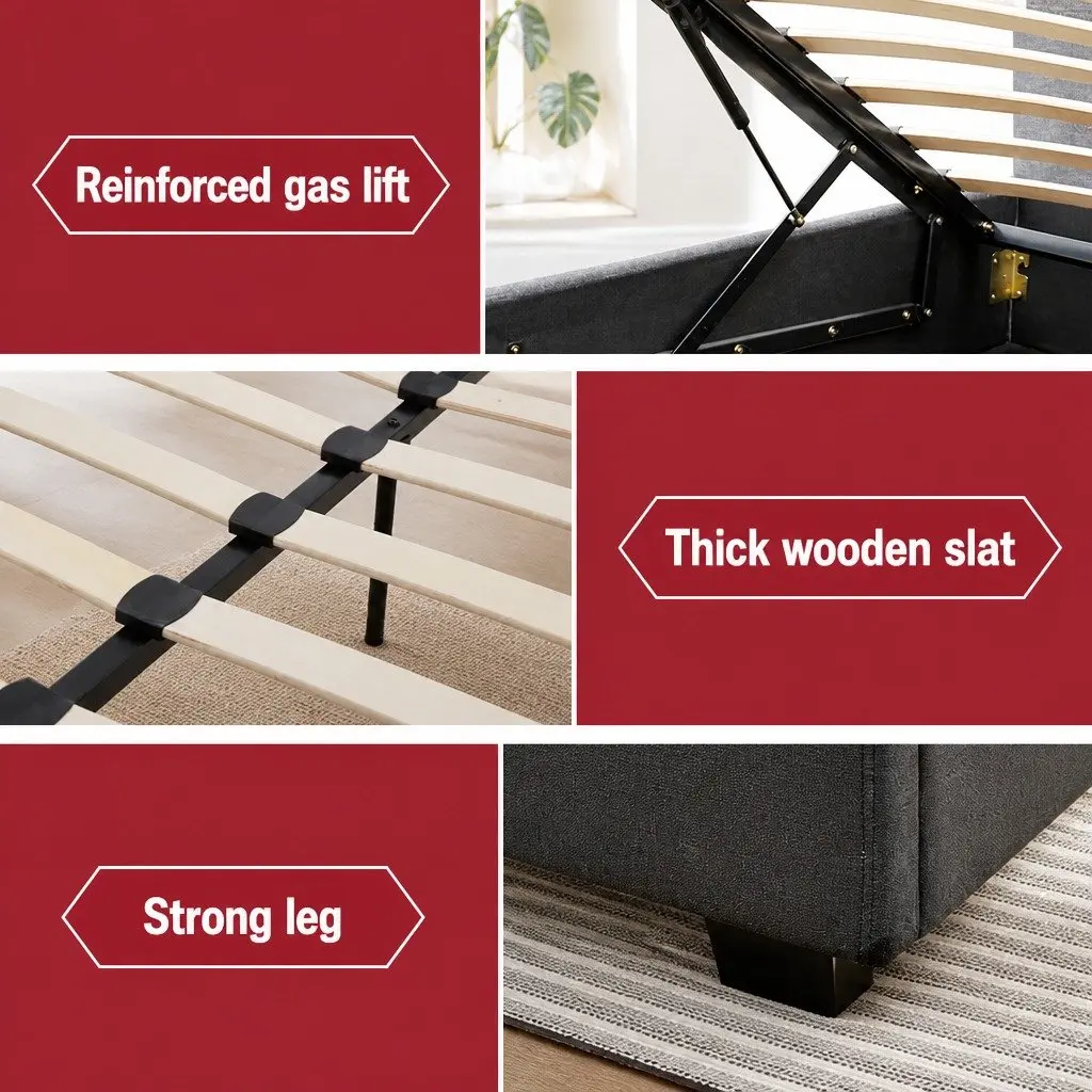 Double Gas Lift Bed Frame with Storage Wooden Charcoal Tufted Headboard