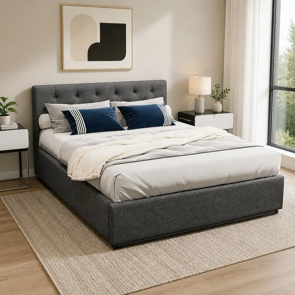 Double Gas Lift Bed Frame with Storage Wooden Charcoal Tufted Headboard