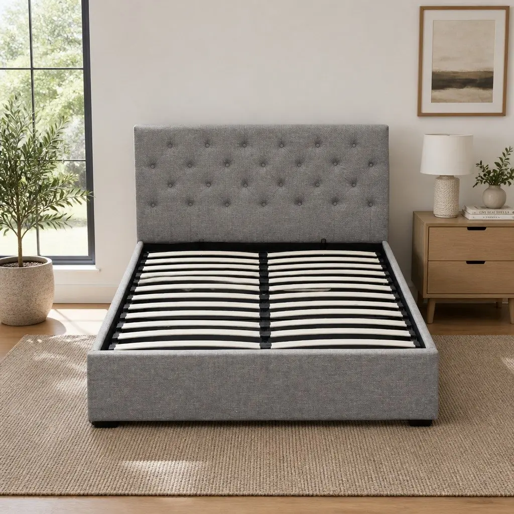 Grey Upholstered Gas Lift Bed Frame for Storage