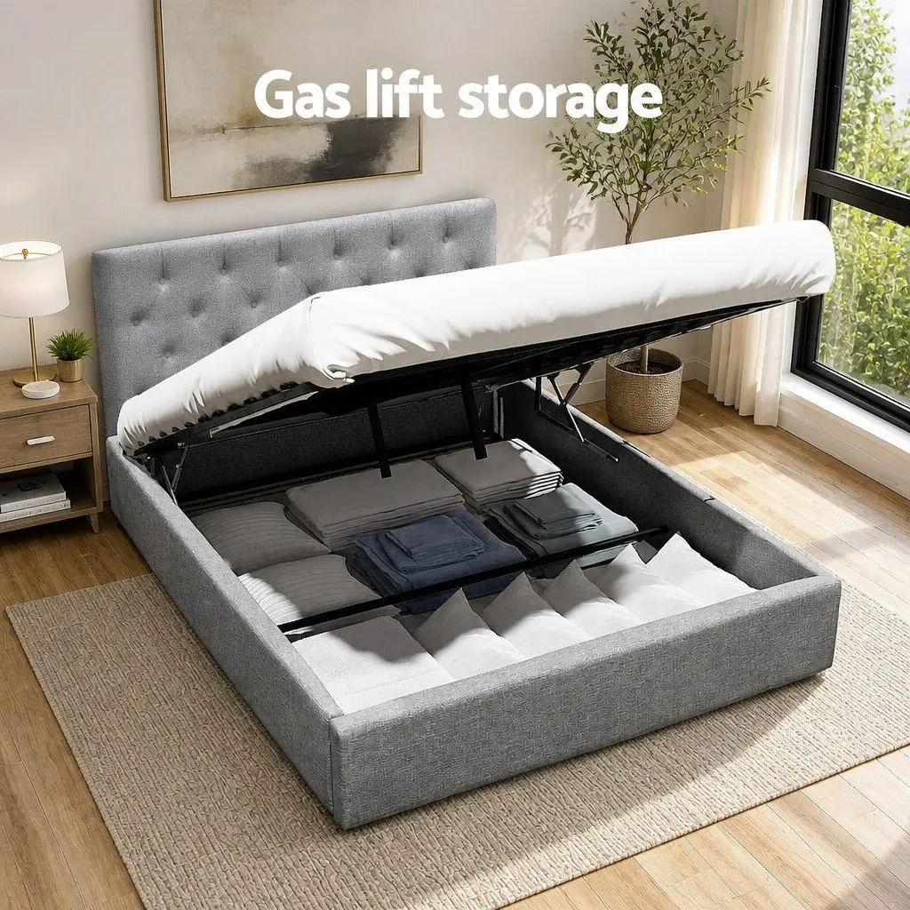 Grey Upholstered Gas Lift Bed Frame for Storage