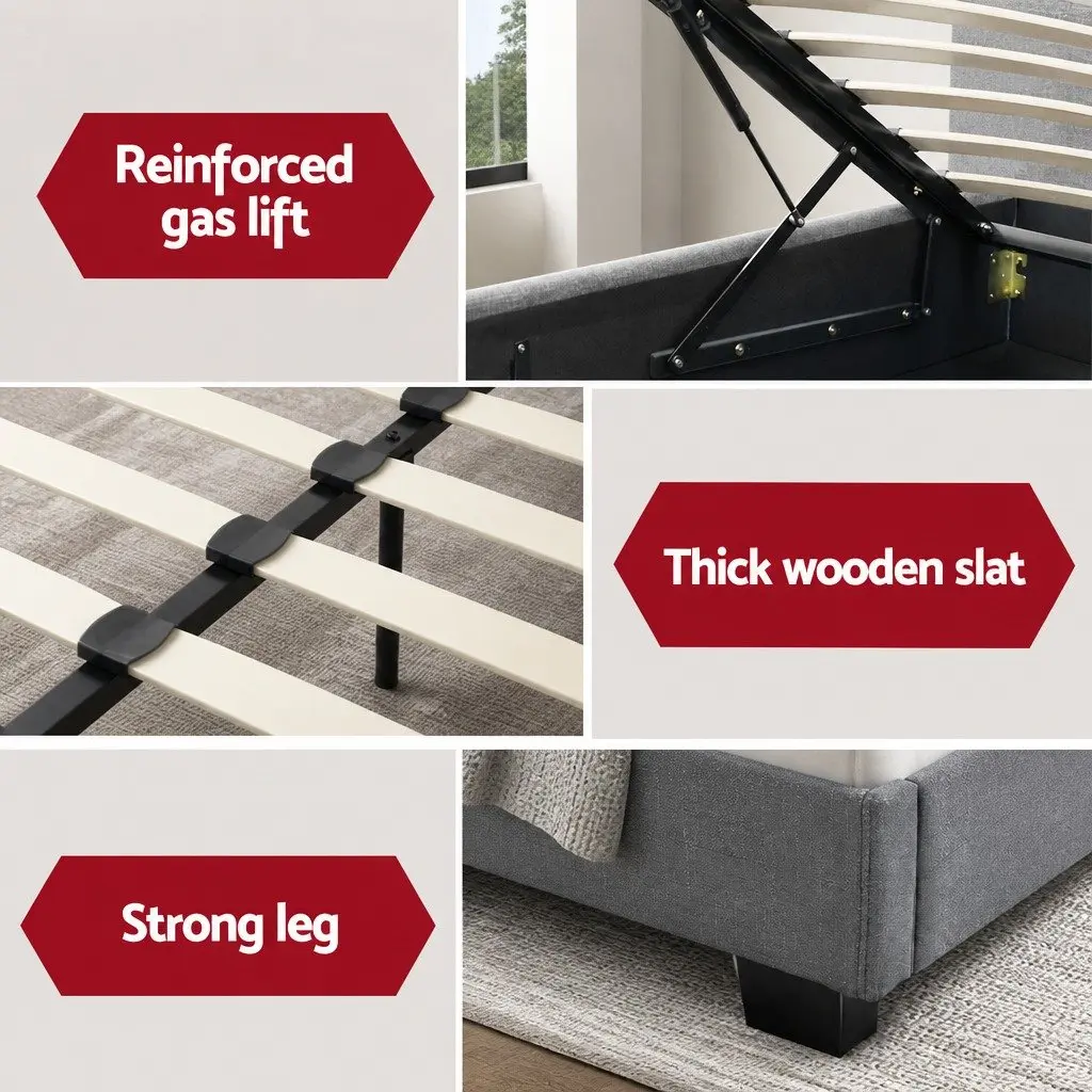 Grey Upholstered Gas Lift Bed Frame for Storage