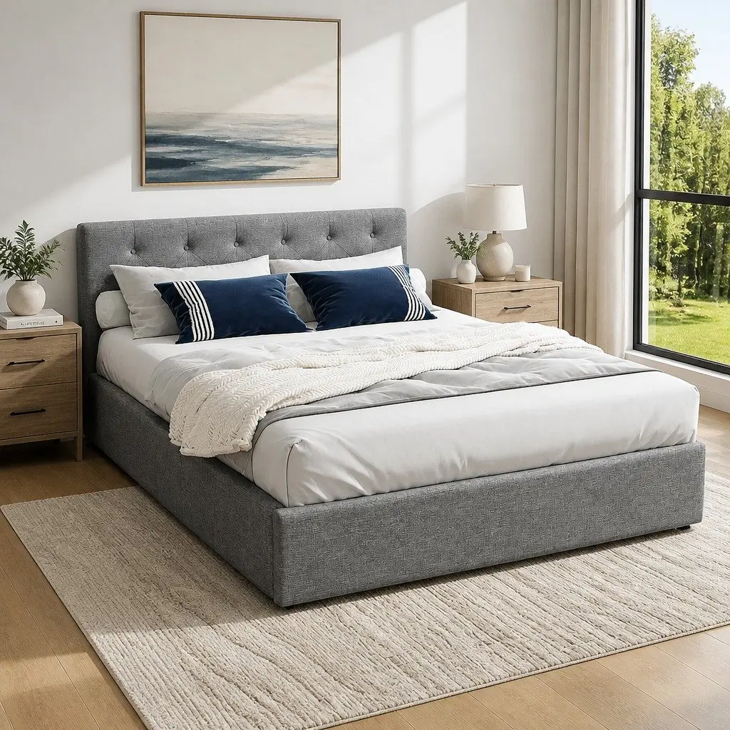 Grey Upholstered Gas Lift Bed Frame for Storage