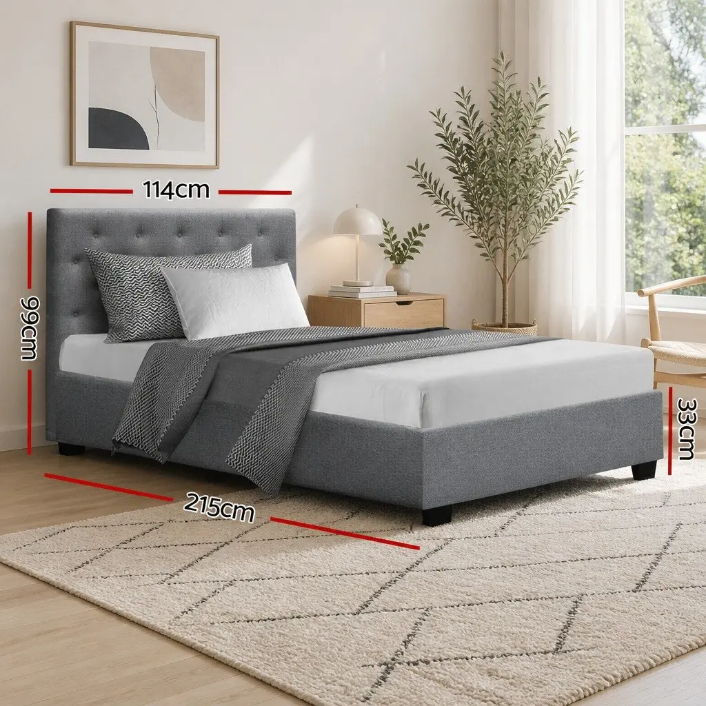 King Single Bed Frame Gas Lift Storage Grey Faux Linen Tufted Headboard Wooden Slat Base