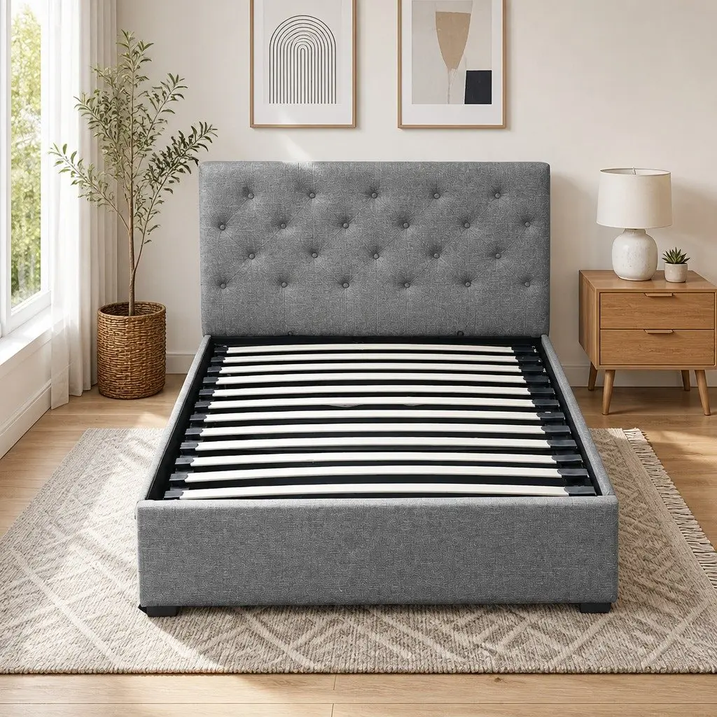 King Single Bed Frame Gas Lift Storage Grey Faux Linen Tufted Headboard Wooden Slat Base