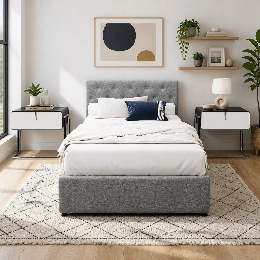 King Single Bed Frame Gas Lift Storage Grey Faux Linen Tufted Headboard Wooden Slat Base